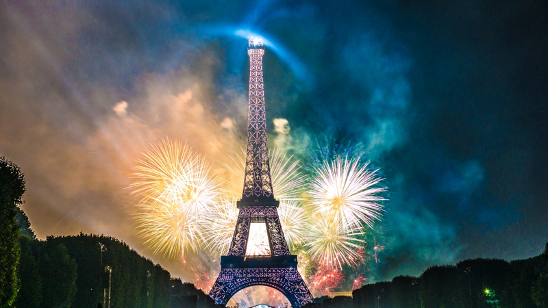 A view of the Eiffel Tower at sunset in Paris